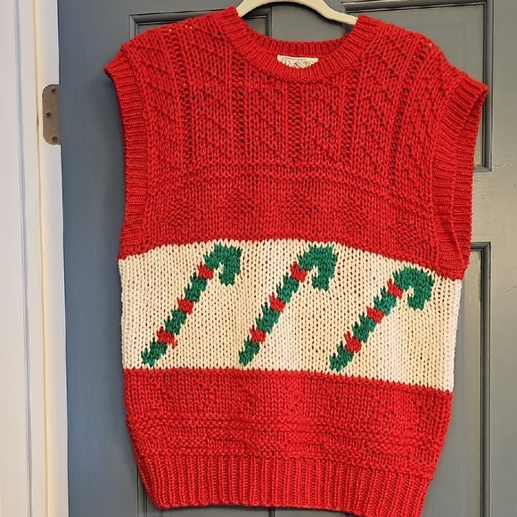 Lindsey Blake Sweaters - VINTAGE Lindsey Blake Red Knit Sweater Vest Candy Cane Holiday Christmas Xlarge
